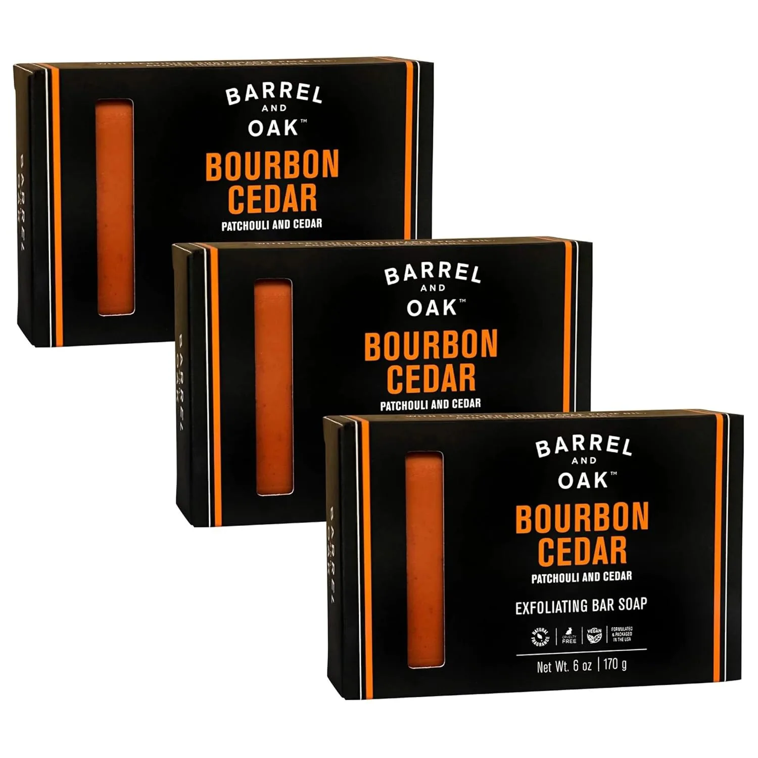 Брусковое мыло для мужчин Barrel & Oak с каолином и красной глиной, порошком из скорлупы грецкого ореха, оливковыми косточками и эфирными маслами, долгоиграющее, веганское, без SLS, аромат Bourbon Cedar, 3 шт 170.10 г (3 шт.), olive