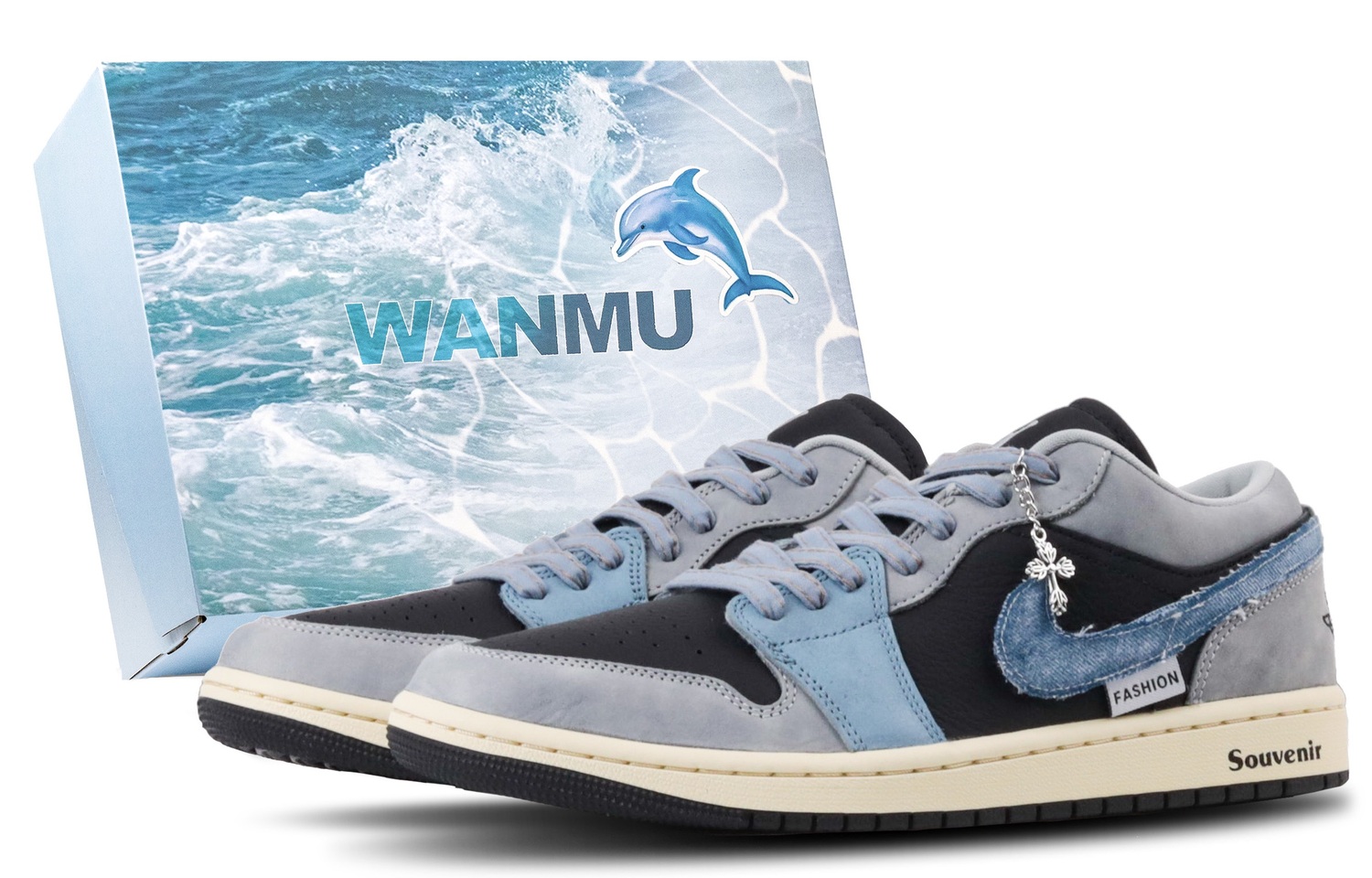 

Кроссовки Air 1 Denim Tide Abrasion Resistant низкие винтажные баскетбольные мужские Jordan, черный/синий