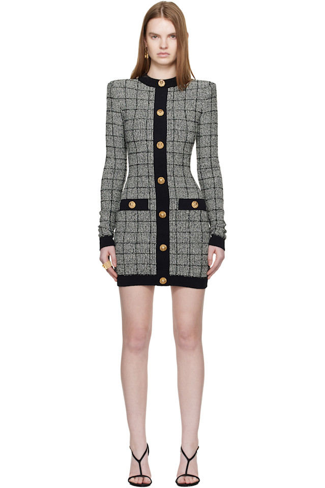 

Balmain Черно-Белое мини-платье из светлого твида с пуговицами