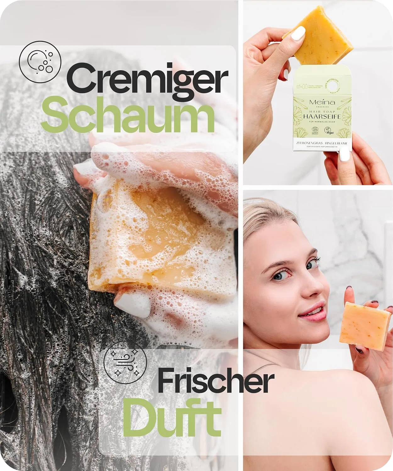 Твердый органический шампунь Meina Natural Cosmetics с лемонграссом и календулой, 80 г Meina — фото 3