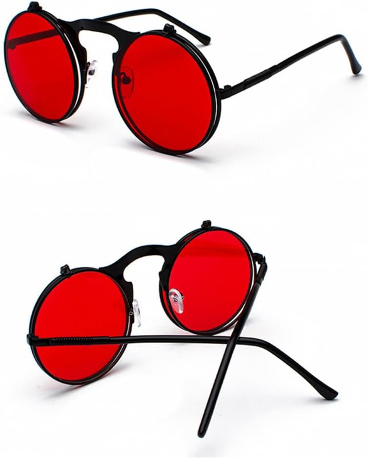 

Винтажные солнцезащитные очки в стиле стимпанк для мужчин и женщин, ретро, ​​круглая металлическая оправа, изогнутые дужки, защита от УФ-излучения UV400 MTZJH, 11 Black-red