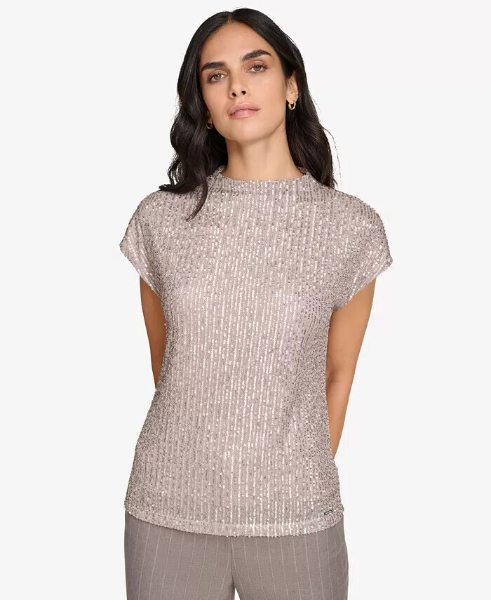 

Миниатюрный топ с воротником-стойкой и короткими рукавами Calvin Klein, белый