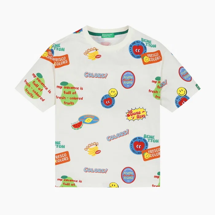 Детская футболка с цветными брызгами, кремовая, от Benetton Kids — фото 2