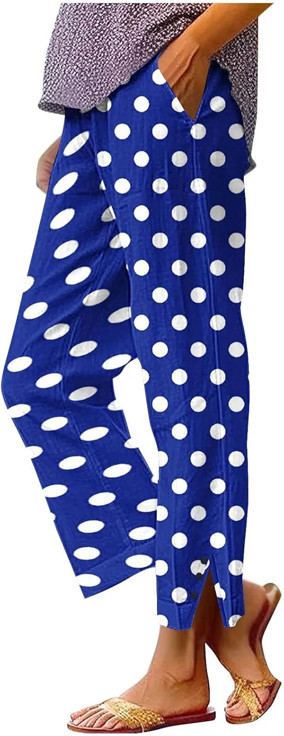 Прямые льняные брюки для женщин Vintage Polk Dots укороченные широкие брюки 2026 лето хлопок удобные брюки на пуговицах Generic, синий