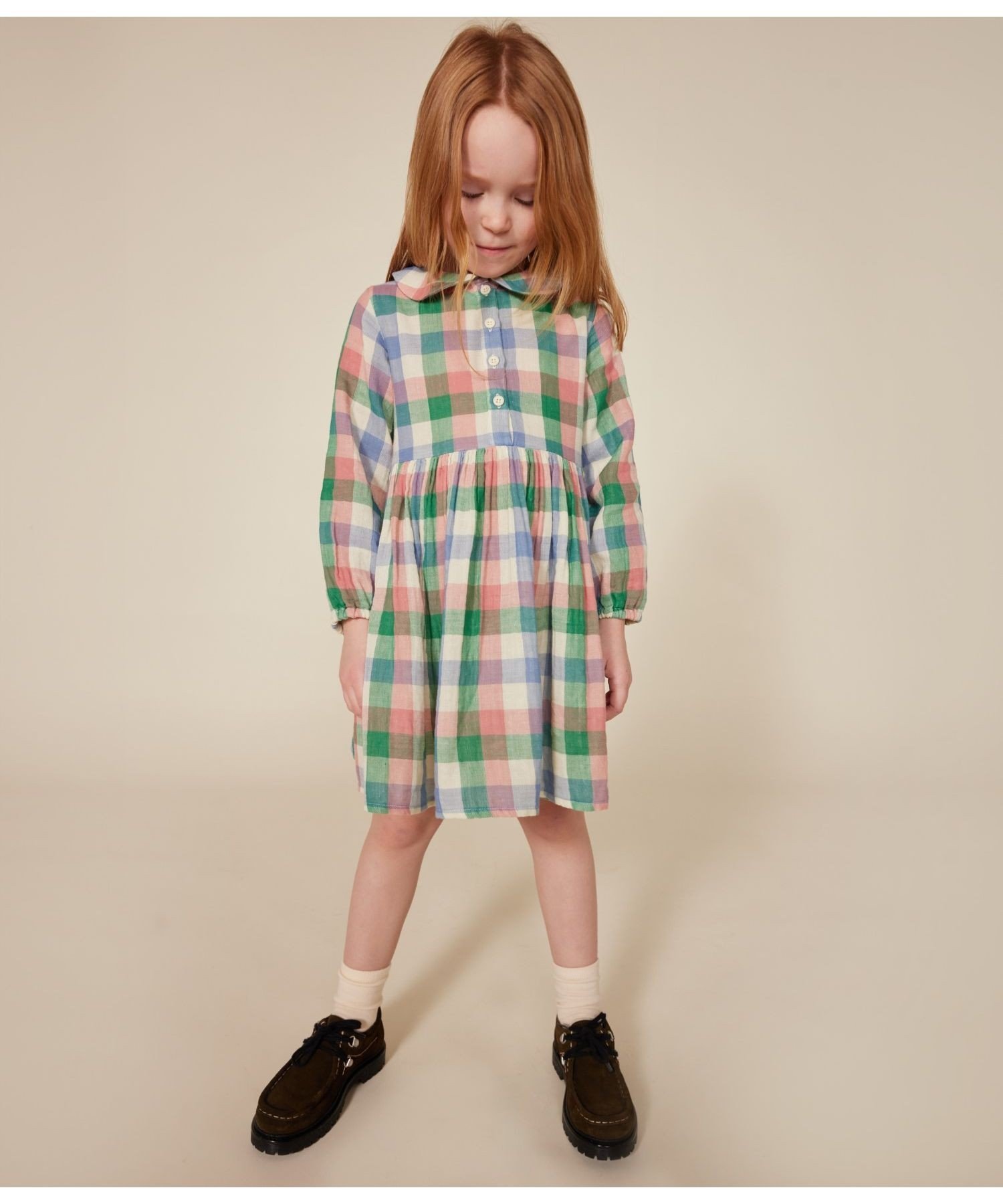 Платье с длинными рукавами из двойной марли PETIT BATEAU, Milky White/Multicolor