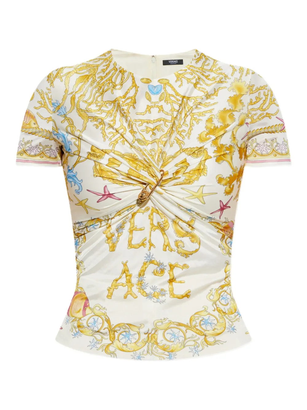 

Драпированный топ с декоративной булавкой VERSACE, белый