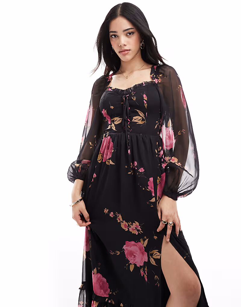 

Платье макси Miss Selfridge с корсетной отделкой и принтом роз