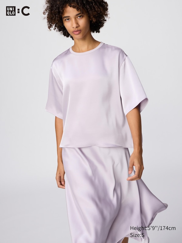 

Сатиновая укороченная блузка оверсайз с рукавом до локтя Uniqlo, 70 light purple