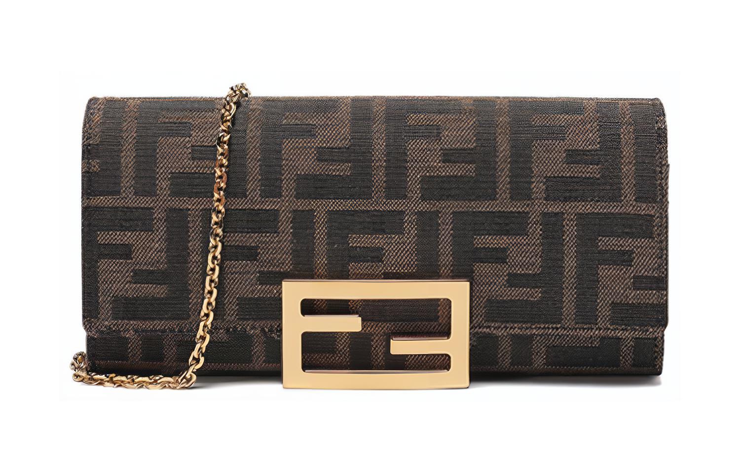

FENDI Сумка-кошелек из холста с кожей, небольшая квадратная сумка на цепочке, кошелек, сумка через плечо, женская, коричневого цвета