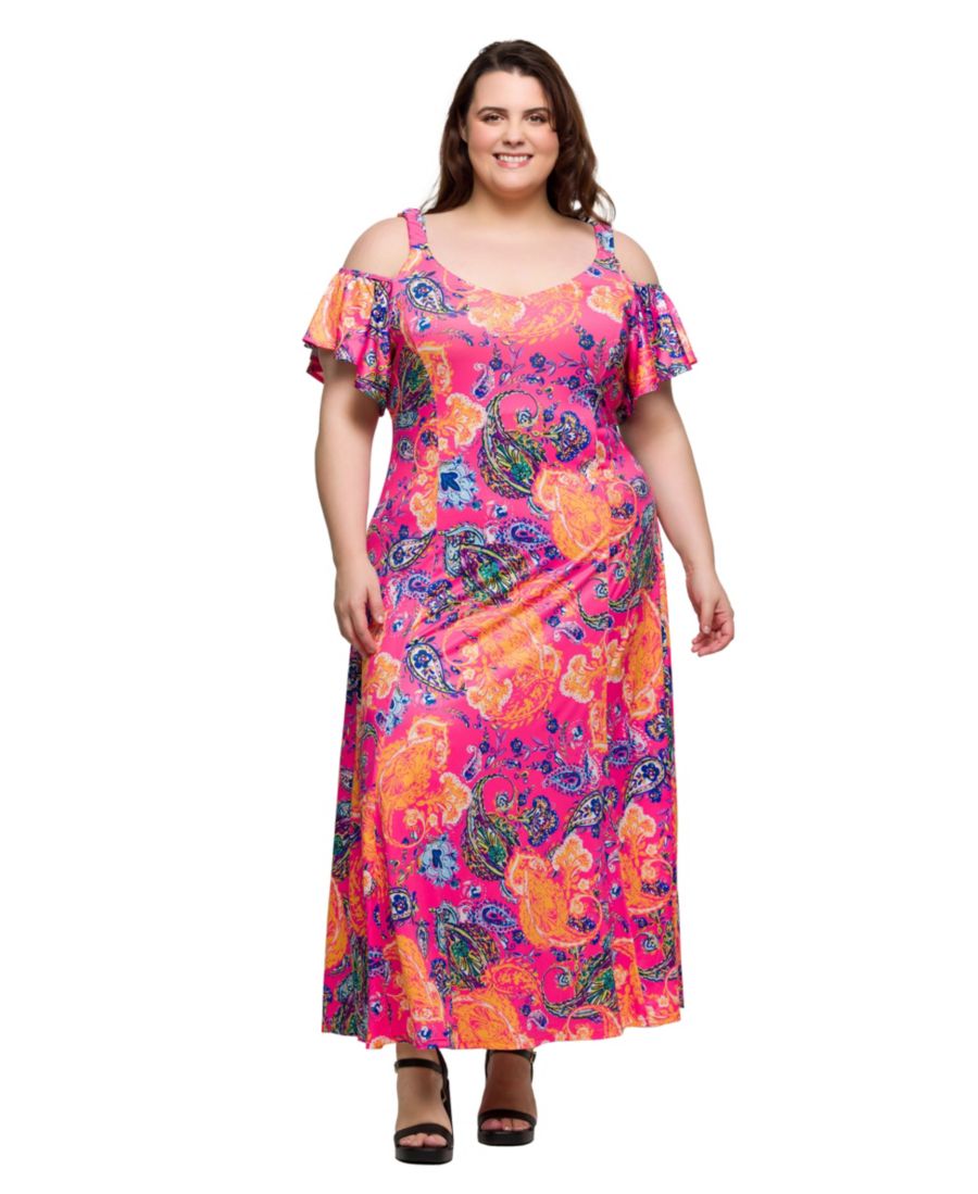 

Платье-макси А-силуэта большого размера с открытыми плечами и оборками на рукавах 24seven Comfort Apparel, Pink Multi
