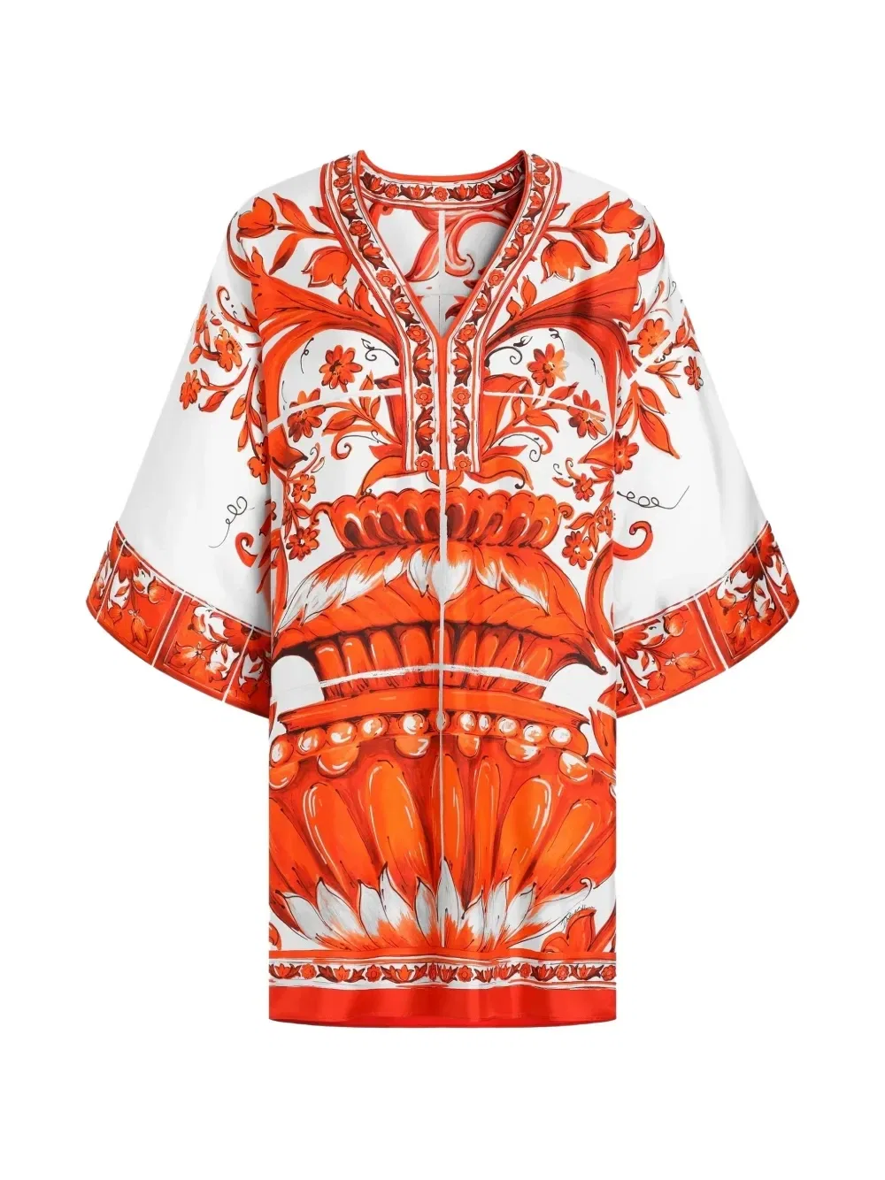 Короткое платье-кимоно из саржи с принтом "майолика" Dolce & Gabbana, белый