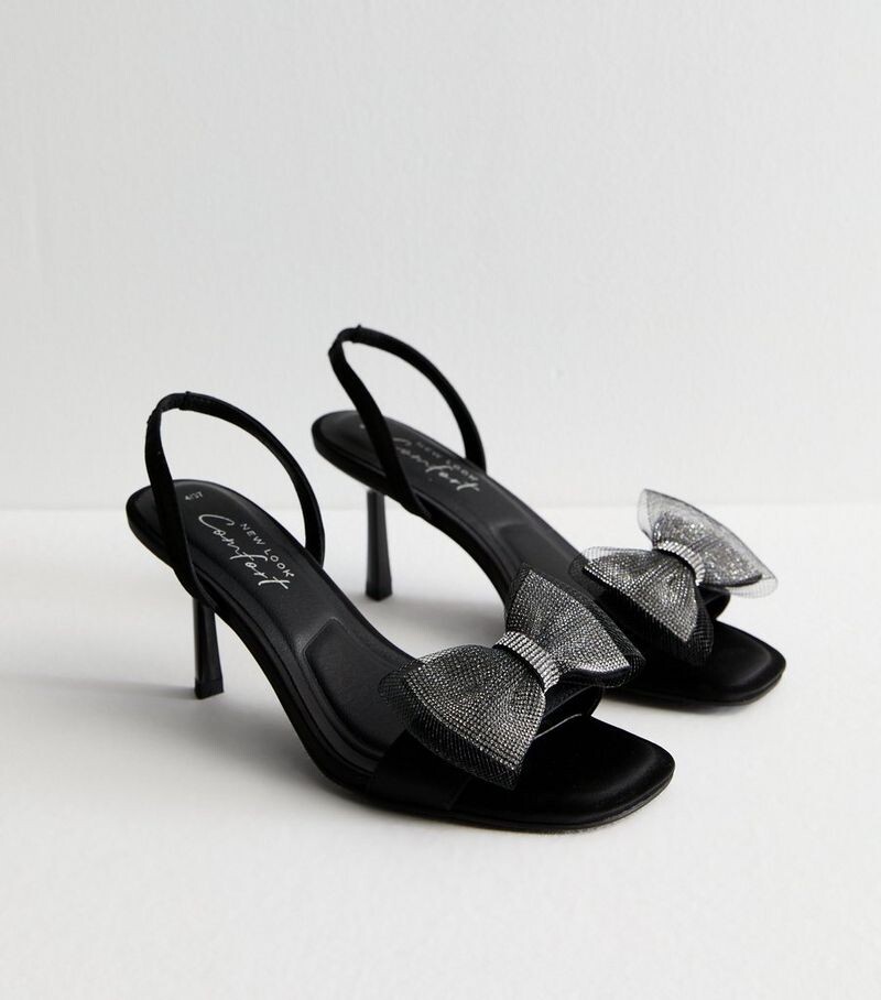 

Черные атласные босоножки с ремешком на пятке и сетчатым бантом New Look, черный