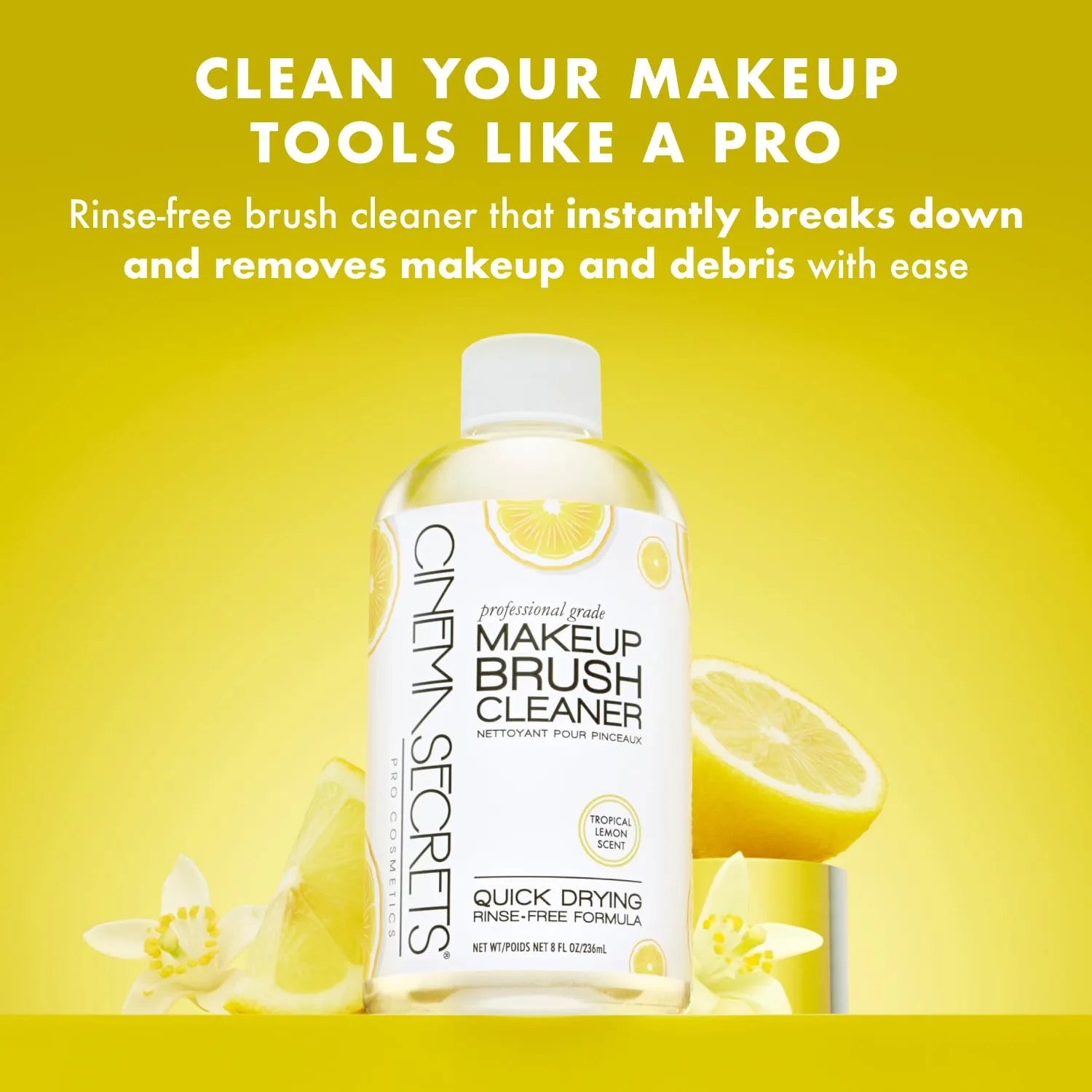 CINEMA SECRETS Original Makeup Brush Cleaner Solution & Spray Combo - профессиональное средство для очистки кистей для макияжа, быстросохнущее, без смывания, удаляет стойкий макияж, лимон (473 мл и 59 мл) — фото 2