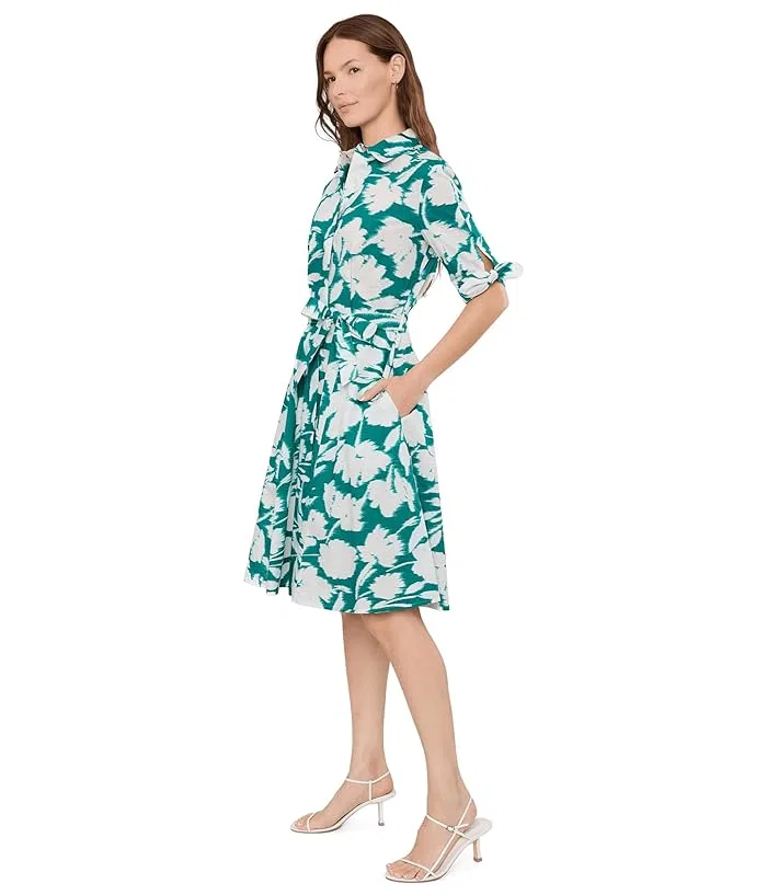 Платье A-силуэта с цветочным принтом Short Sleeve Floral Cotton A-Line Calvin Klein, Everglade/Cream — фото 2