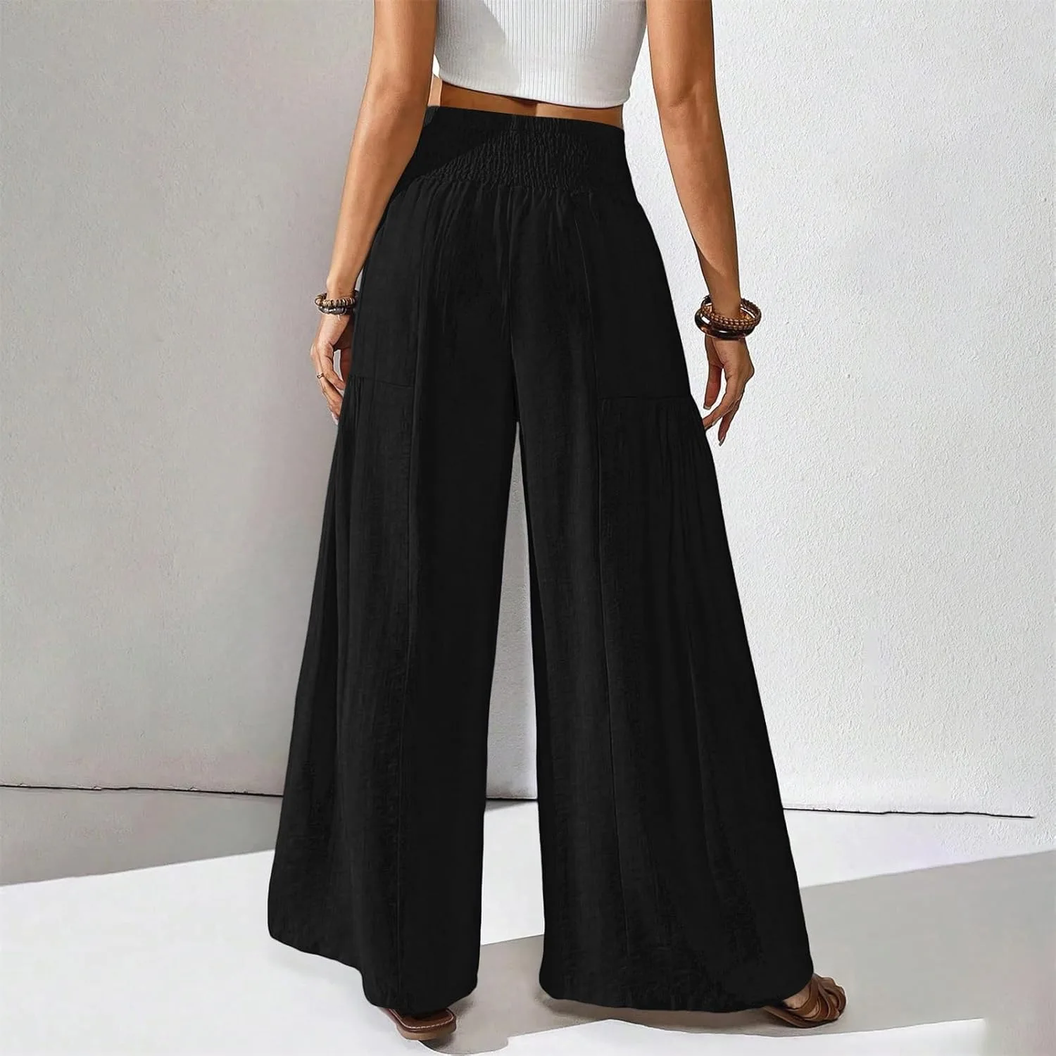 Женские льняные брюки с эластичным поясом, в стиле бохо, свободные, широкие штанины, повседневные, летние, легкие, модные, с карманами Generic, черный — фото 3