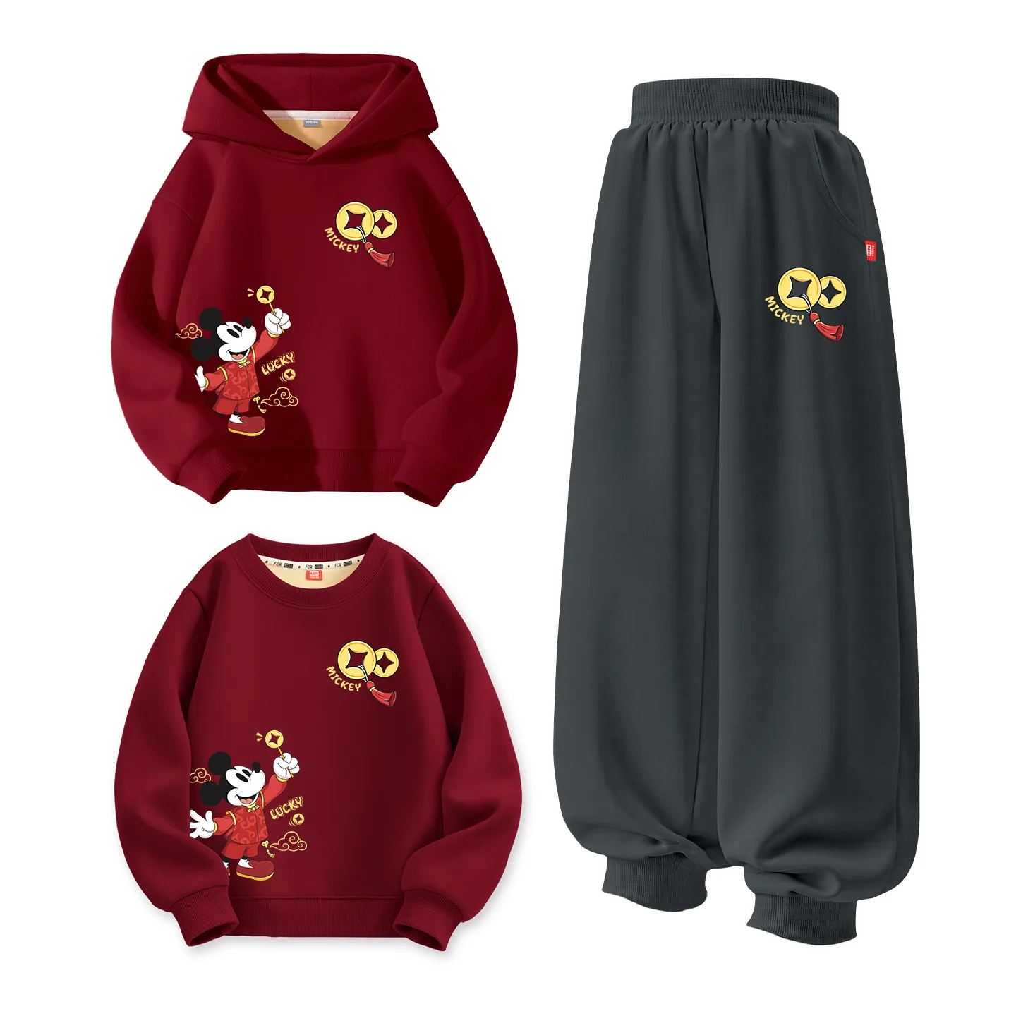 Disney Kids Tang Suits Crew Neck Thickness, [Thickened and Fleece-Lined]Di Wealth Baoqi K Burgundy+Di Bao Cai K Graphite Gray+Di Wealth Baoqi K Burgundy