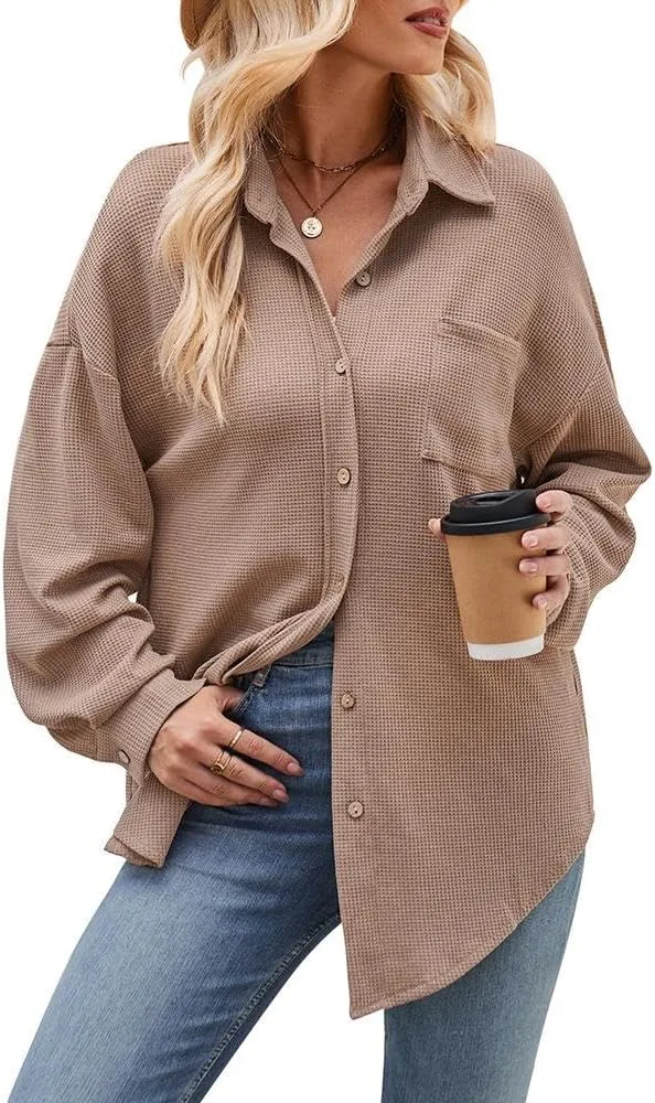 

FMCHICO Женская рубашка на пуговицах в стиле вафли, свободного кроя, с длинным рукавом и карманом