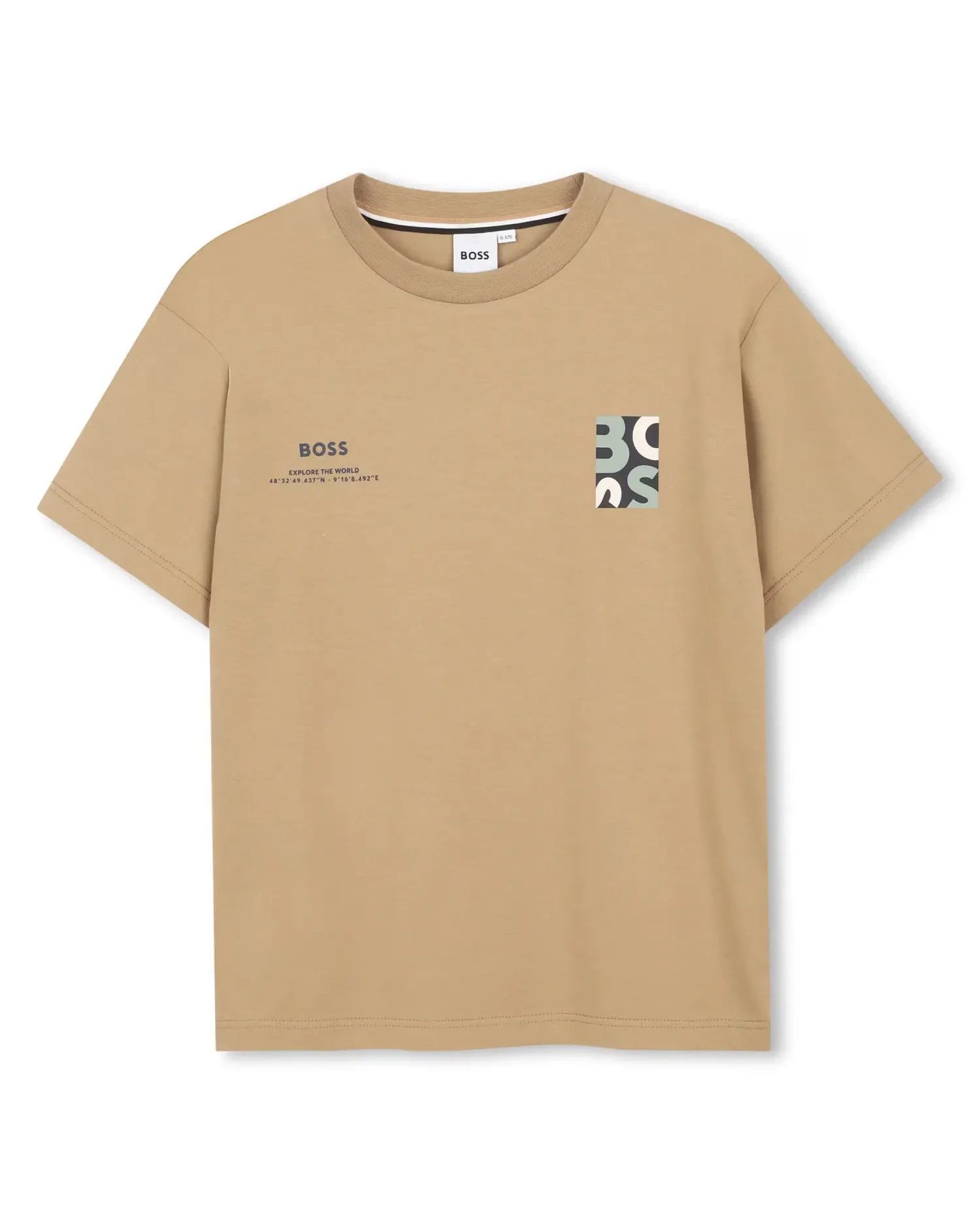 Футболка для мальчика с короткими рукавами с рисунком спереди из хлопка BOSS Kidswear, Natural