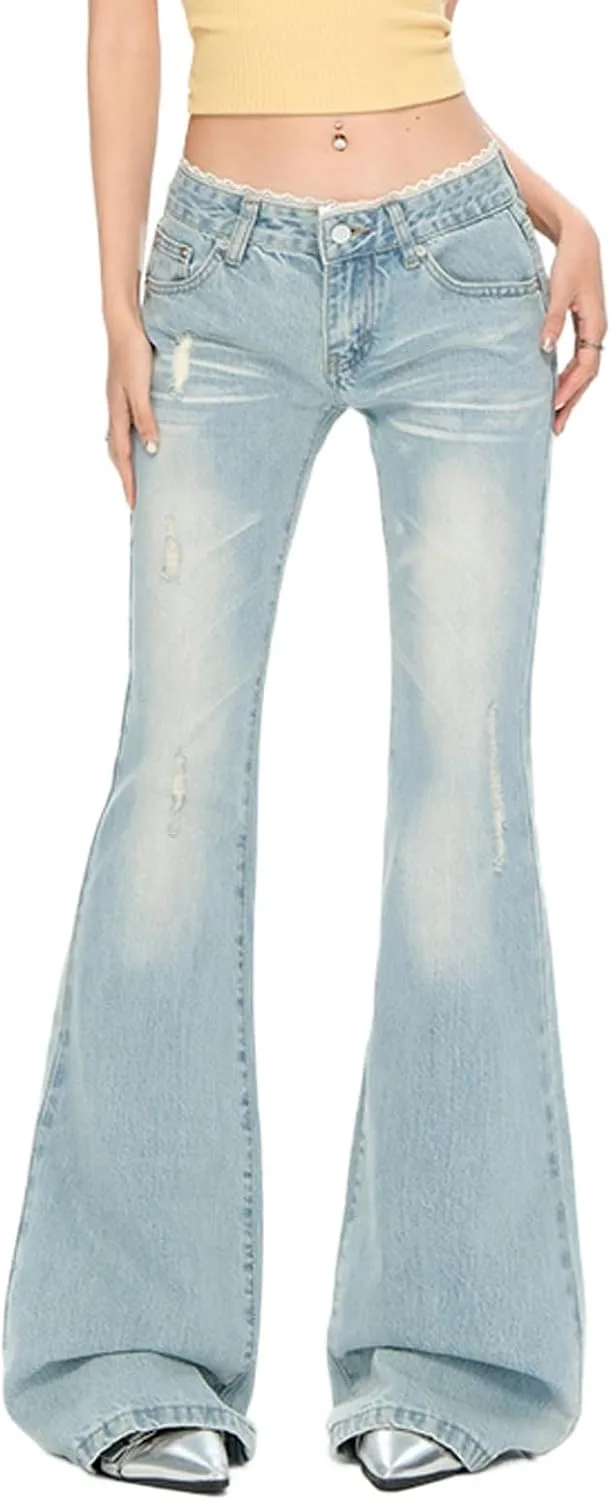 

Женские джинсы low rise с кружевной отделкой, растягивающиеся, расклешенные, в стиле y2k, рваные, distressed, bootcut, 90s, bell bottom, потертые Viatabuna