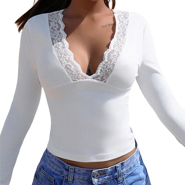 

Женская блузка с кружевным V-образным вырезом, длинными рукавами и расклешенными манжетами Clearflower, White