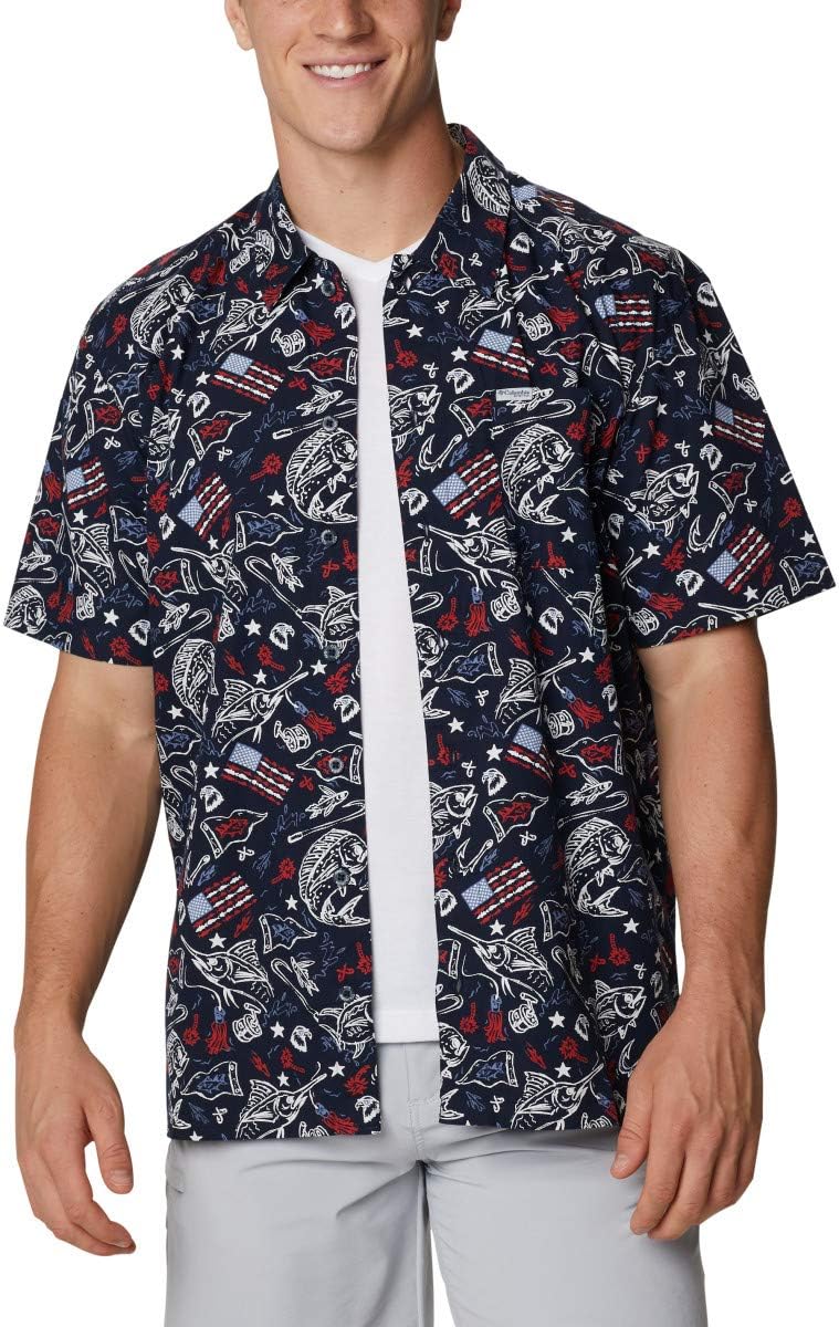 

Columbia мужская рубашка Trollers Best с коротким рукавом, Collegiate Navy Americana Fishing Print