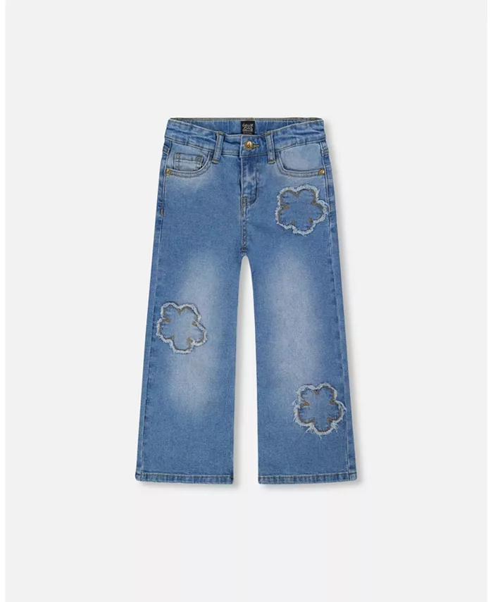 

Джинсы-стрейч светло-голубого цвета с цветочной вышивкой для девочек-малышей, широкие штанины - Малыши|Дети Deux par Deux, синий