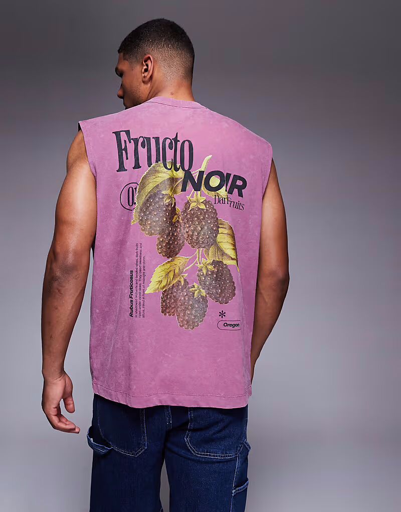 

Майка ASOS DESIGN большого размера с изображением фруктов из плотной ткани плотностью 220 г/м², выбеленная, розового цвета