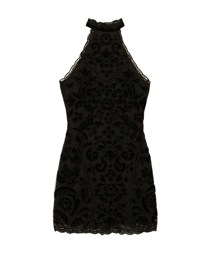 

Черное платье без рукавов с воротником-стойкой и вышивкой. Twinset, черный