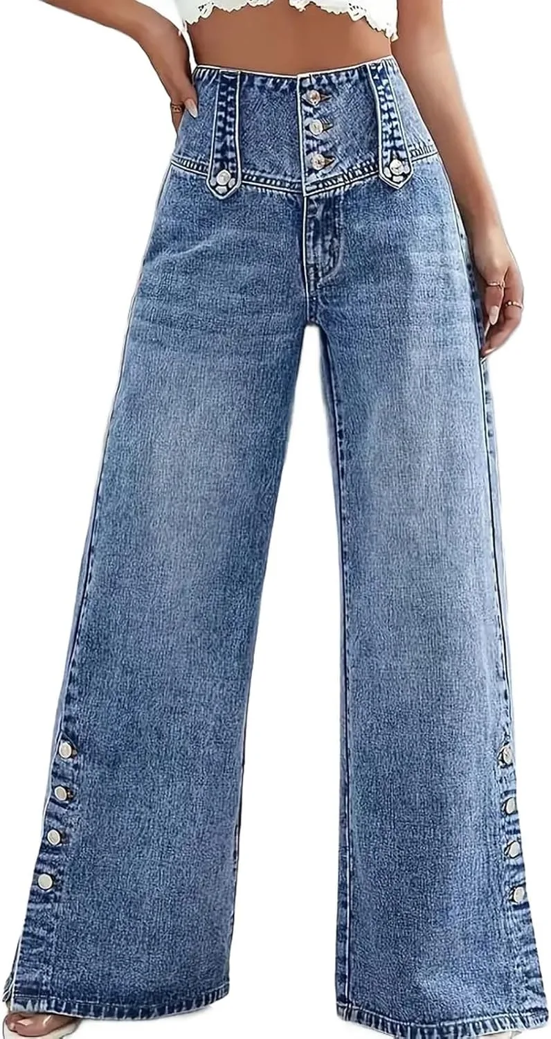 

Джинсы женские широкие с высокой посадкой и боковым разрезом