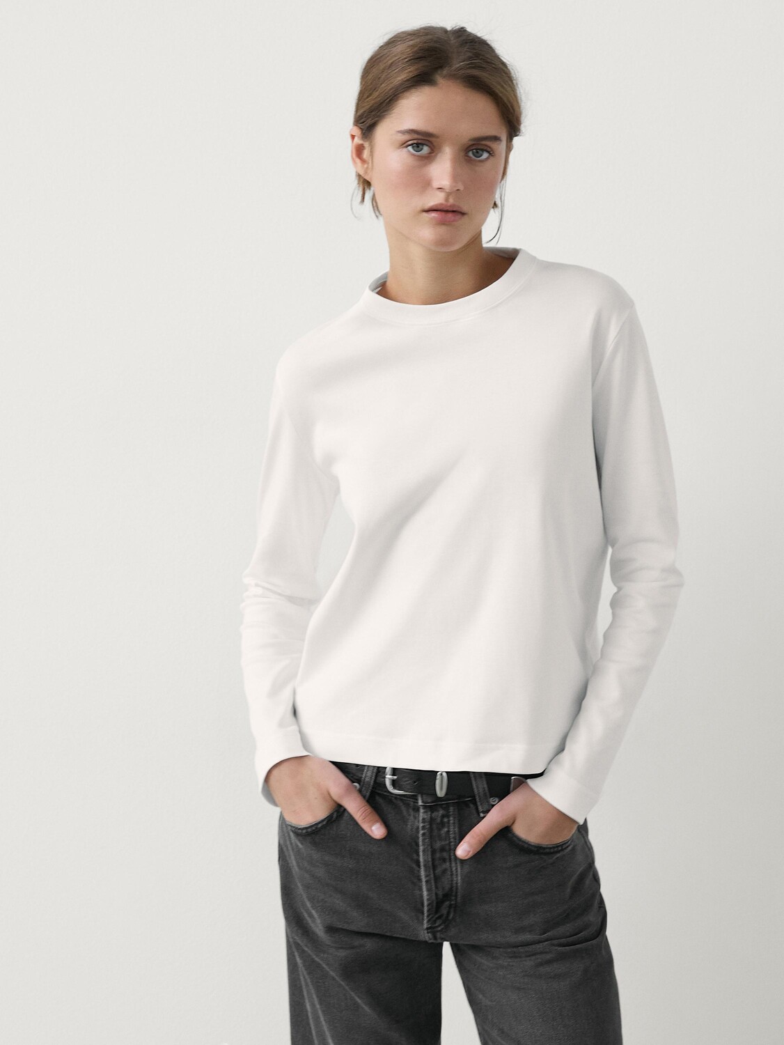 Футболка из хлопка с длинным рукавом Massimo Dutti, бежевый — фото 2