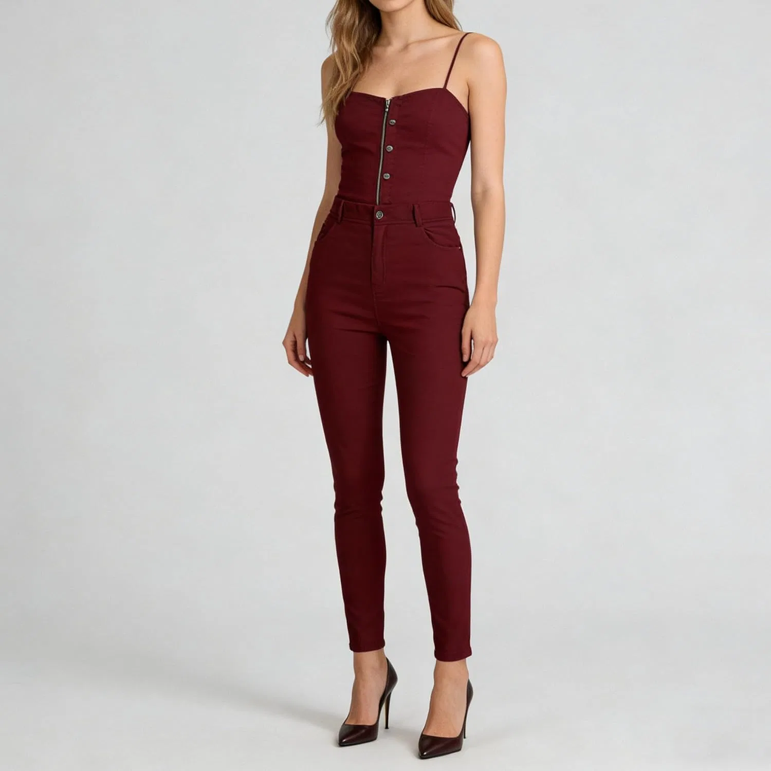 Джинсы, Высокая талия, Women's High Waist Stretch Skinny Jeans, Бордовый — фото 4