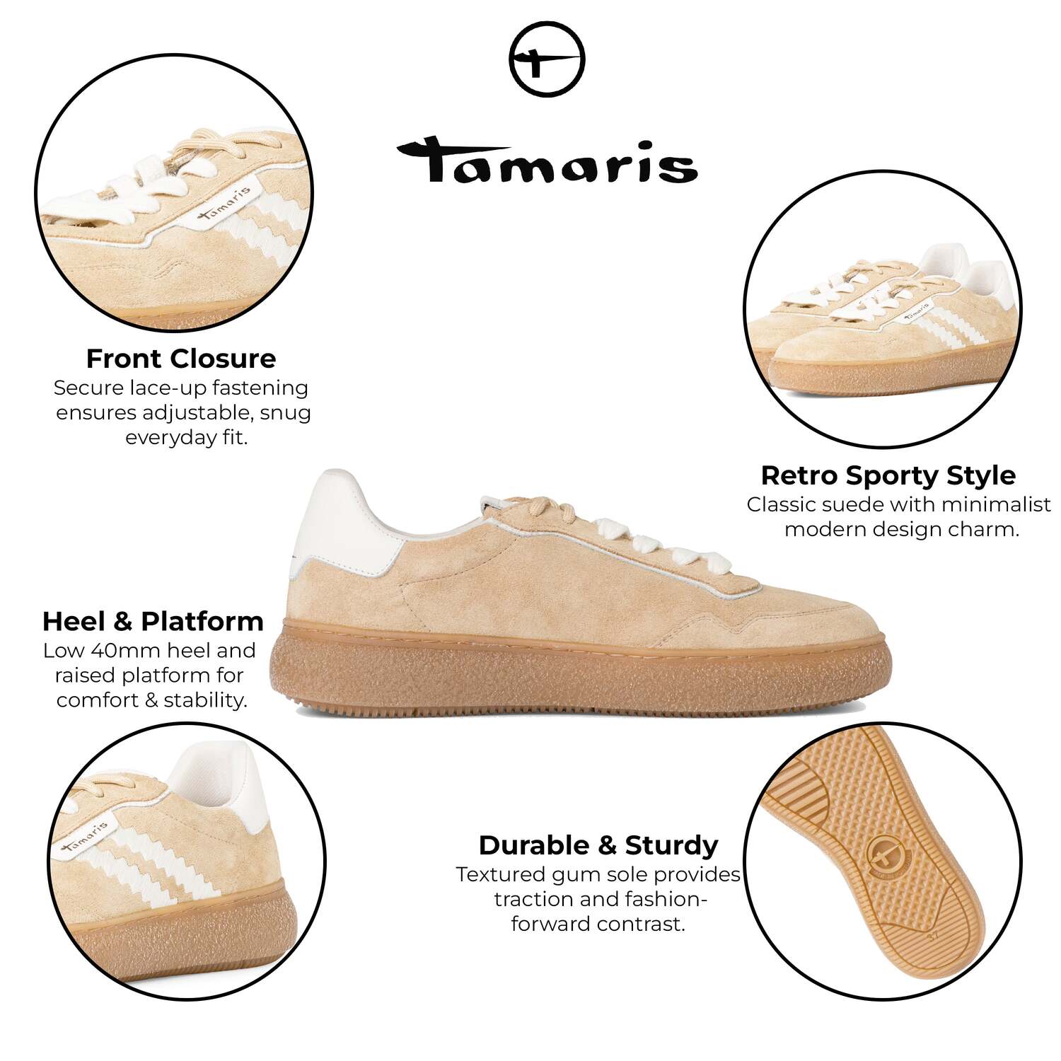 Tamaris женские бежево-белые кожаные модные полосатые кроссовки на шнуровке TMRS — фото 2