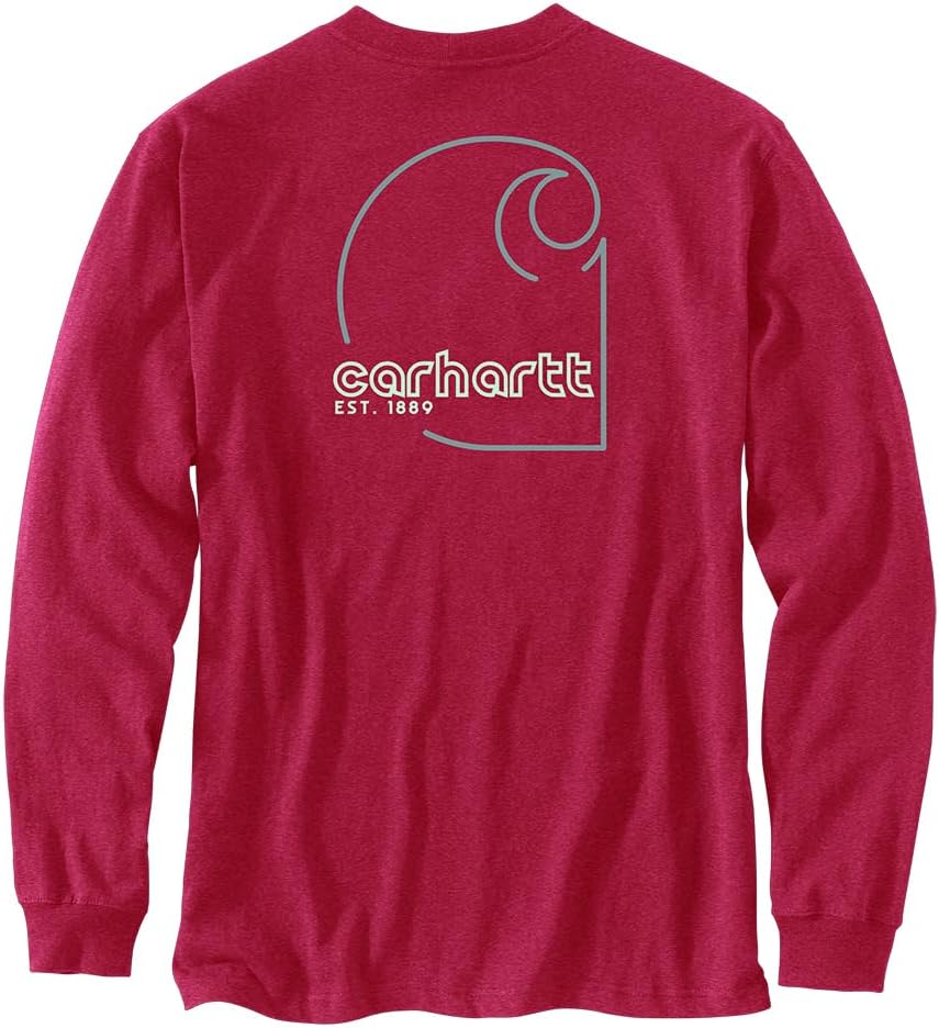 

Мужская свободная футболка Carhartt 106496 из плотной ткани с длинным рукавом и принтом C на кармане, Crabapple Heather