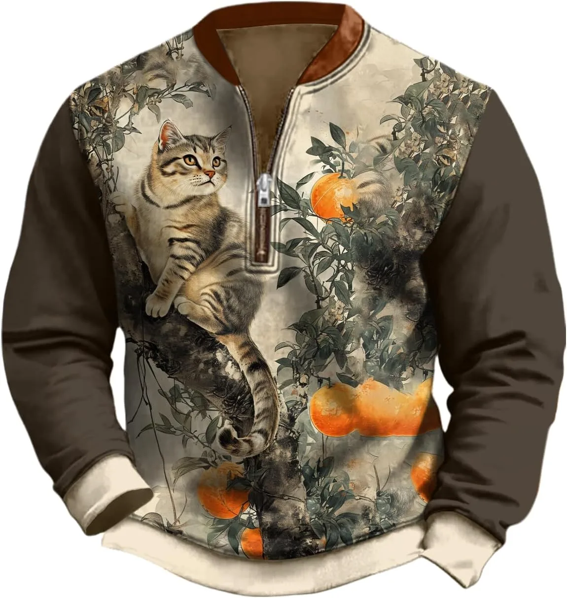 

Свитшот с японским принтом кота для мужчин, осенний тренд, длинный рукав, полумолния Xolivan