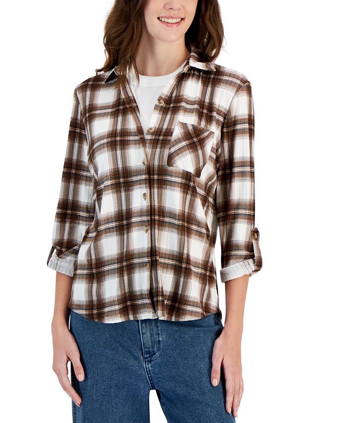 

Уютная трикотажная рубашка с клетчатым воротником для подростков Just Polly, коричневый