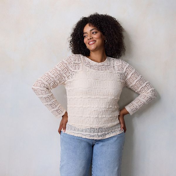 

Футболка с длинным рукавом и кружевом Plus size Lc Lauren Conrad, Cream Silk