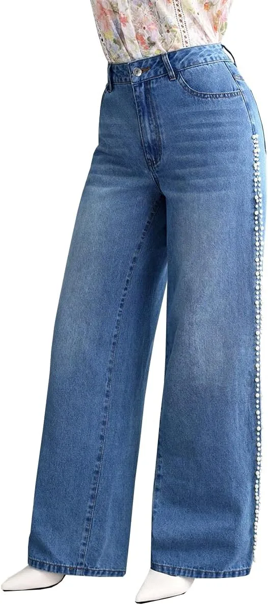 

Женские джинсы с высокой талией и расклешенными штанинами, винтажные, с перламутровыми деталями TACSTRUN