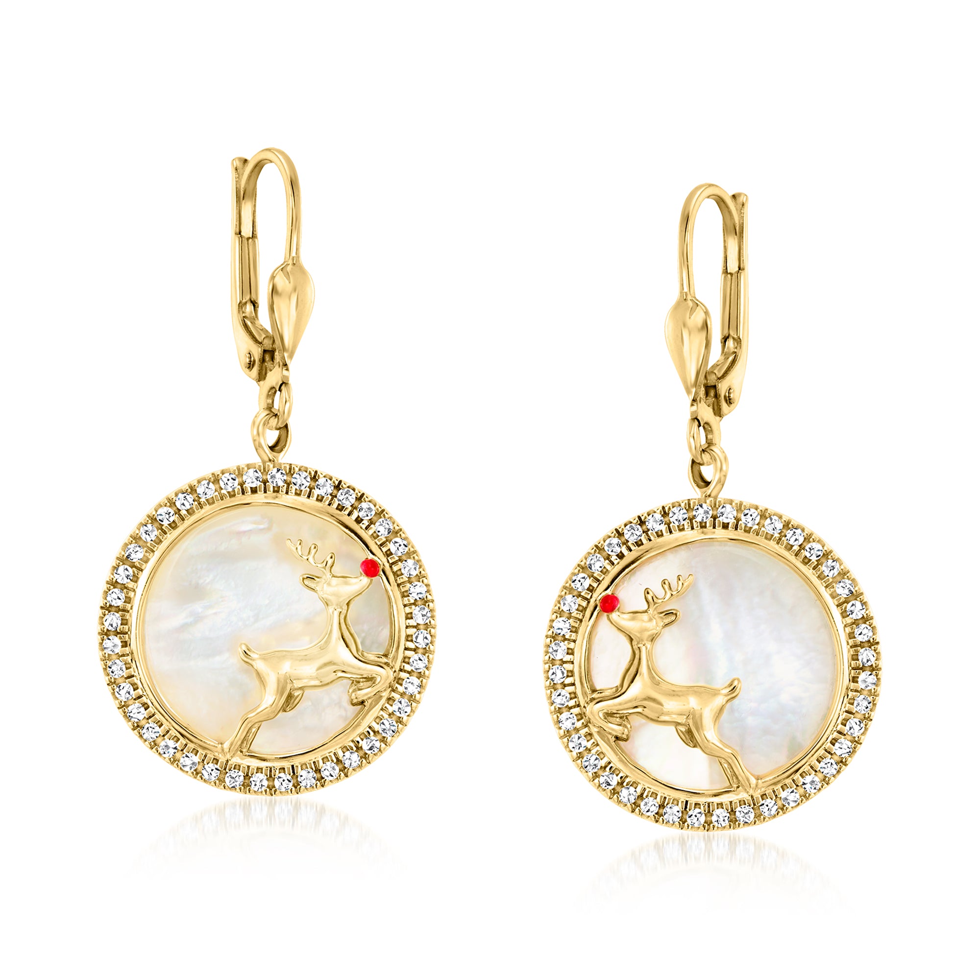 

Серьги-подвески Ross-Simons в форме оленя из перламутра и белого циркония с красной эмалью, из 18-каратного золота поверх стерлингового серебра Ross-Simons, 1.38 In