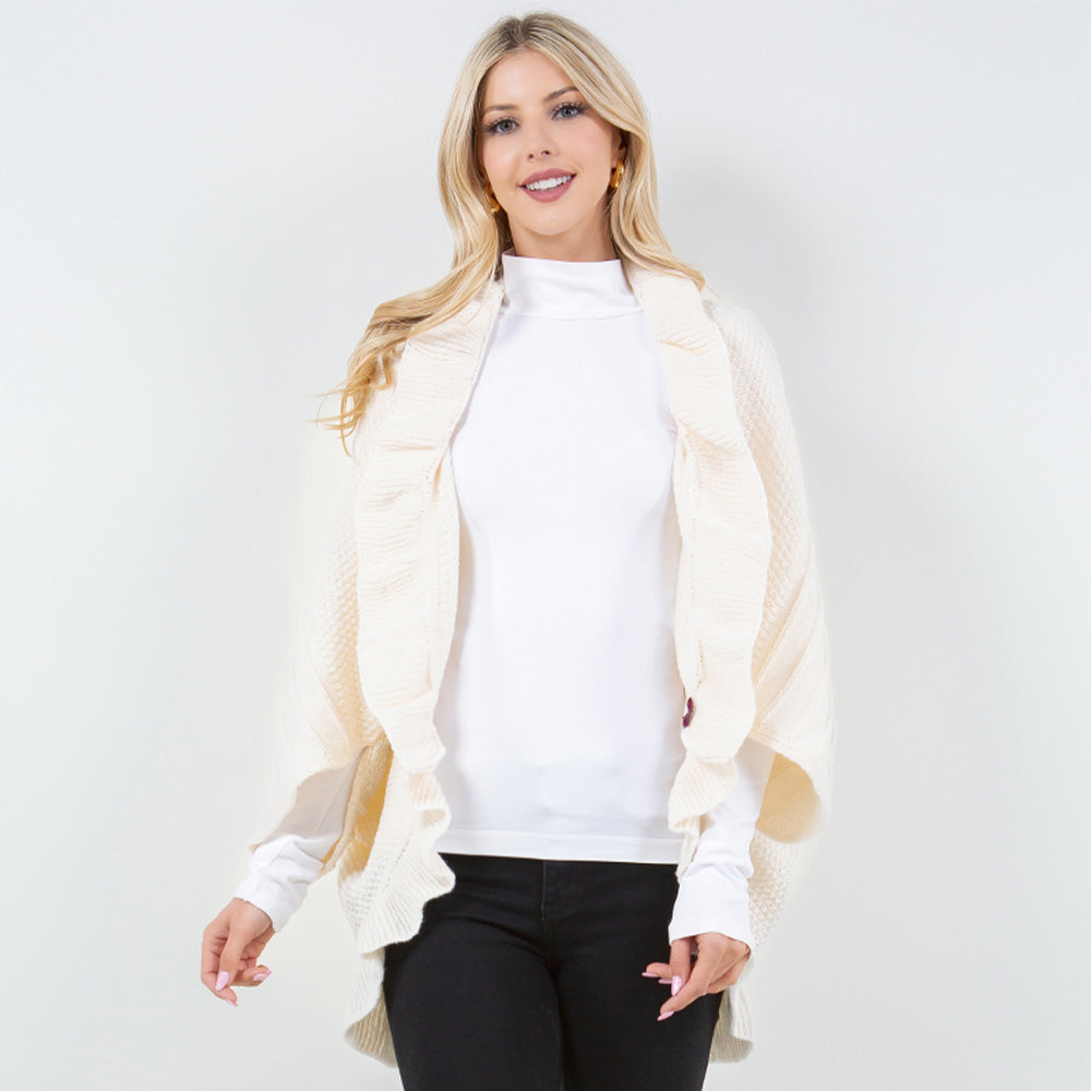 

Вязаное пончо-шаль с открытым передом и оборками TRUEDAMES, айвори