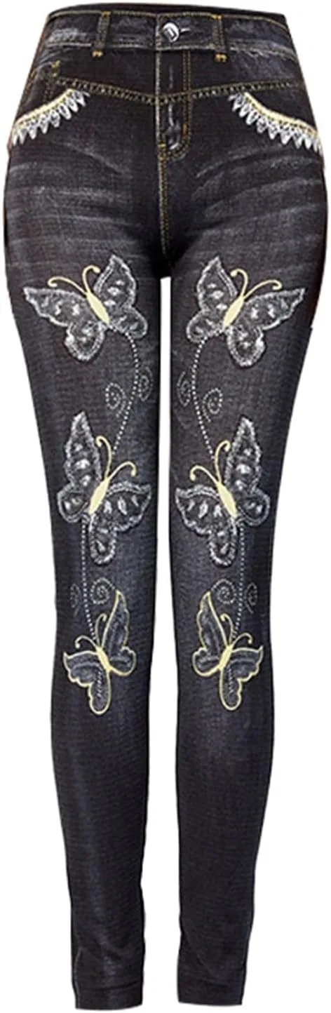 Джинсы скинни с принтом бабочки, Stretch Jeans, черные — фото 2