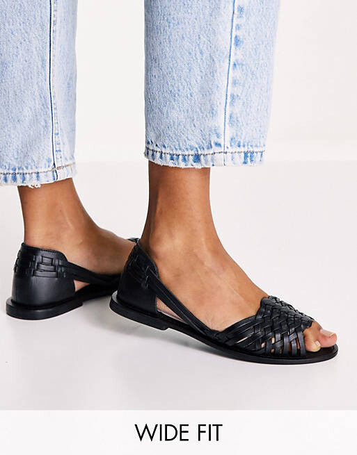 Черные кожаные плетеные сандалии на плоской подошве ASOS DESIGN Wide Fit Francisco — фото 3