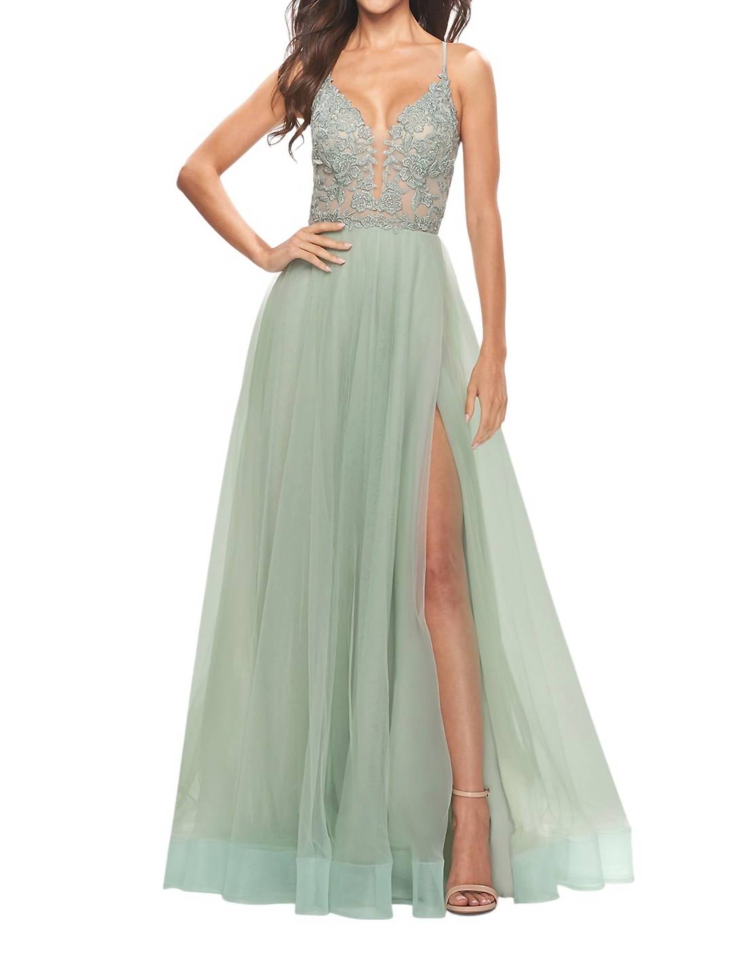 

Платье для выпускного вечера A-Line с бретелями и открытой спиной в цвете шалфей La Femme, Sage