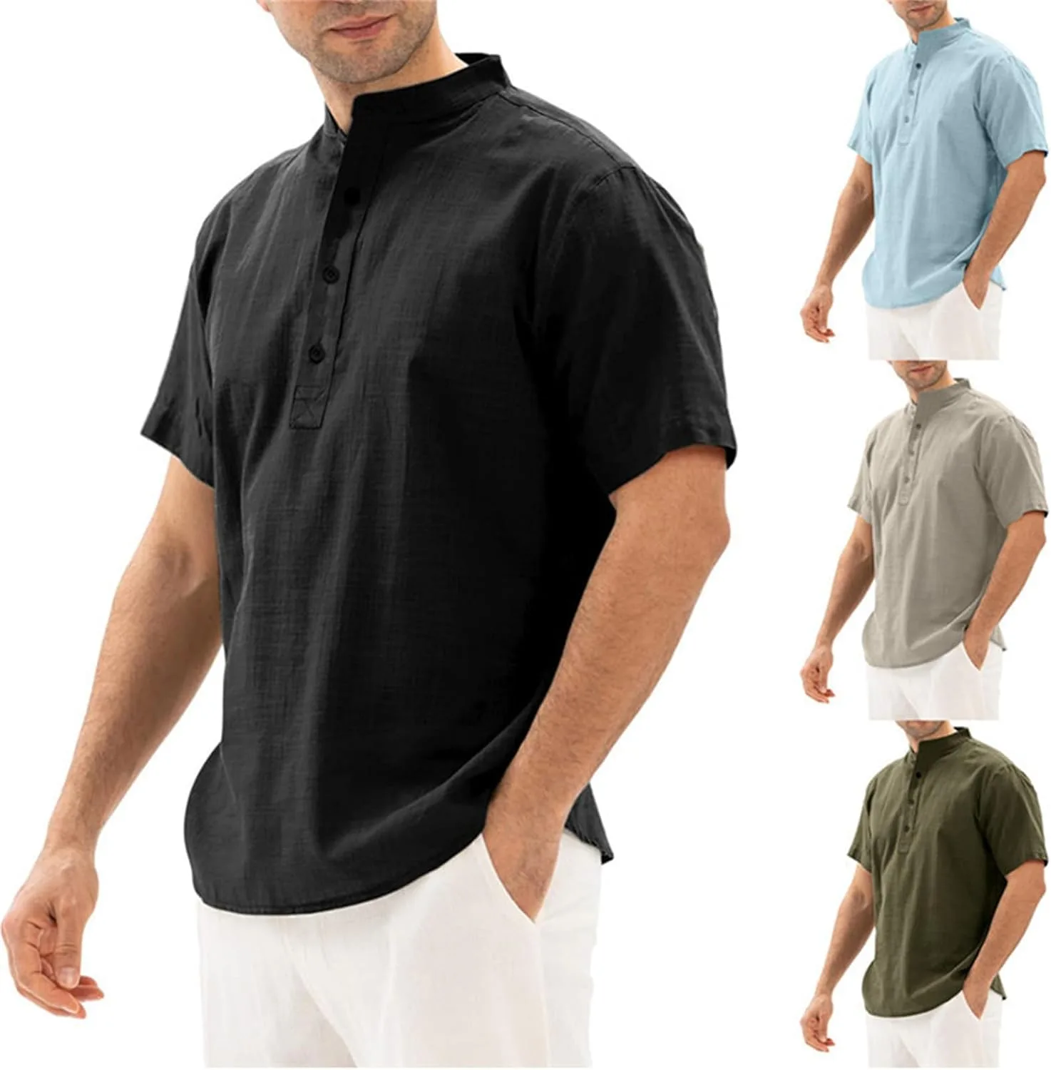 

Мужская льняная рубашка с коротким рукавом Henley Thatrich