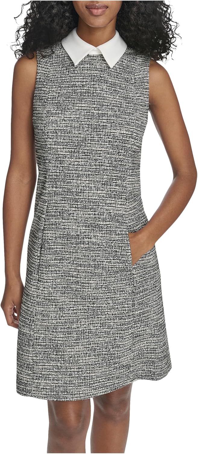 Женское платье Calvin Klein из твида без рукавов с воротником и длиной до колена, Black Cream — фото 4