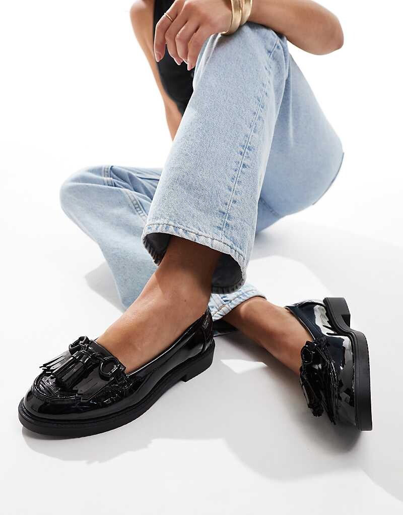 

River Island – черные лакированные лоферы с бахромой