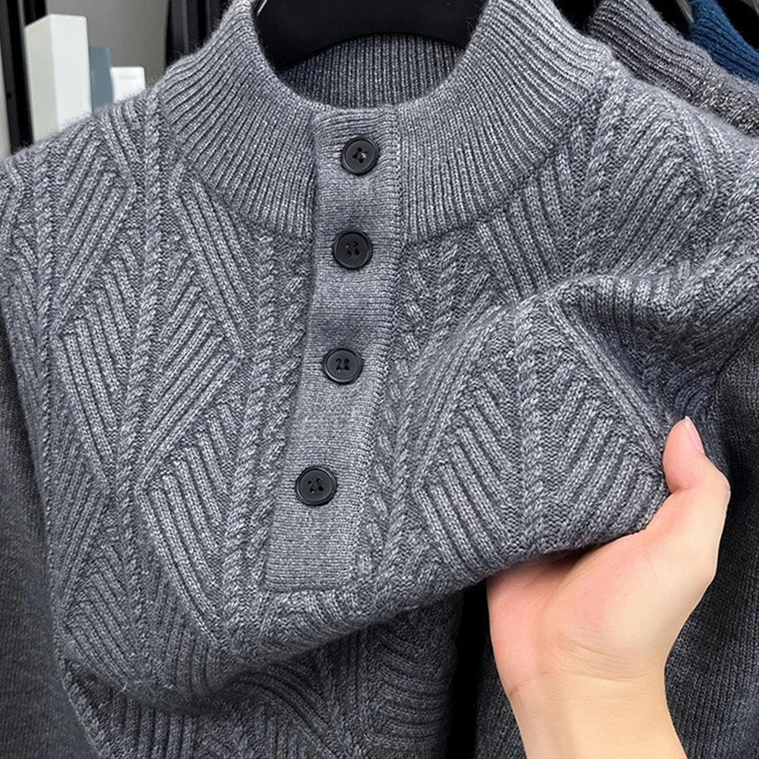 Мужской пуловер с воротником стойкой и четвертью пуговиц, Slim Fit, зимний, утепленный — фото 3