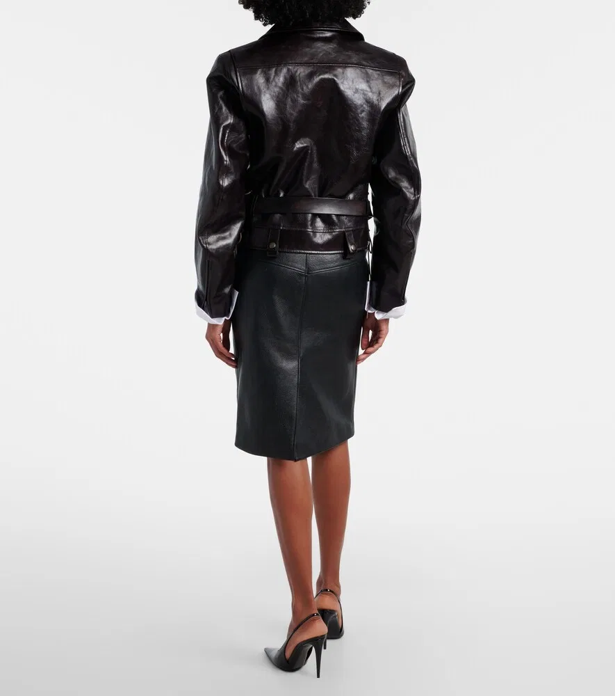 Кожаная юбка-карандаш с поясом Saint Laurent, черный — фото 3