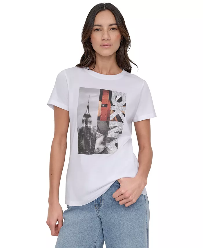 

Женская футболка с фотопечатью и стразами, 3 изображения, логотип DKNY Jeans, белый