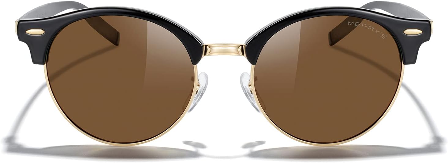

Круглые поляризованные солнцезащитные очки MERRY для женщин и мужчин, классический ретро-стиль, полуободковая оправа, алюминиевые дужки MERRY'S, Black Frame/Gold Bridge/Brown Lens