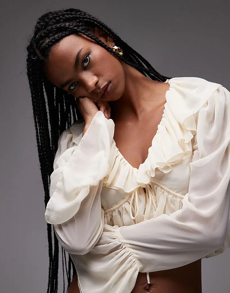 

Шифоновая блузка ASOS DESIGN с оборками и завязкой спереди цвета экрю